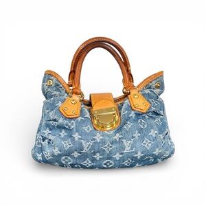 Louis Vuitton Monogram Denim Pleaty Bag Blue Vachetta Trim Handbag with receipt